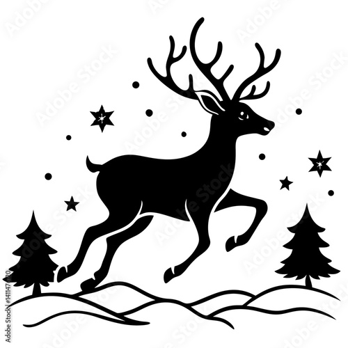 silhouette of a reindeer with antlers jumping through the snow in a winter scene