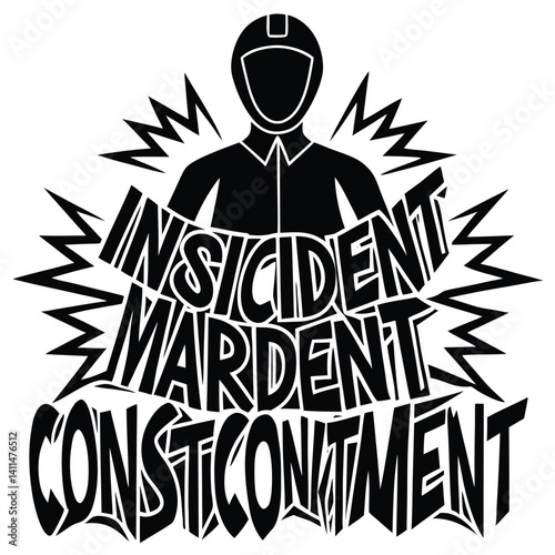 Insincident Mardent Consticontment Graphic Art: Black & White Illustration of a Person with Helmet in Bold Typography Design