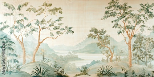 Wallpaper serene tropical landscape painting in pastel tones