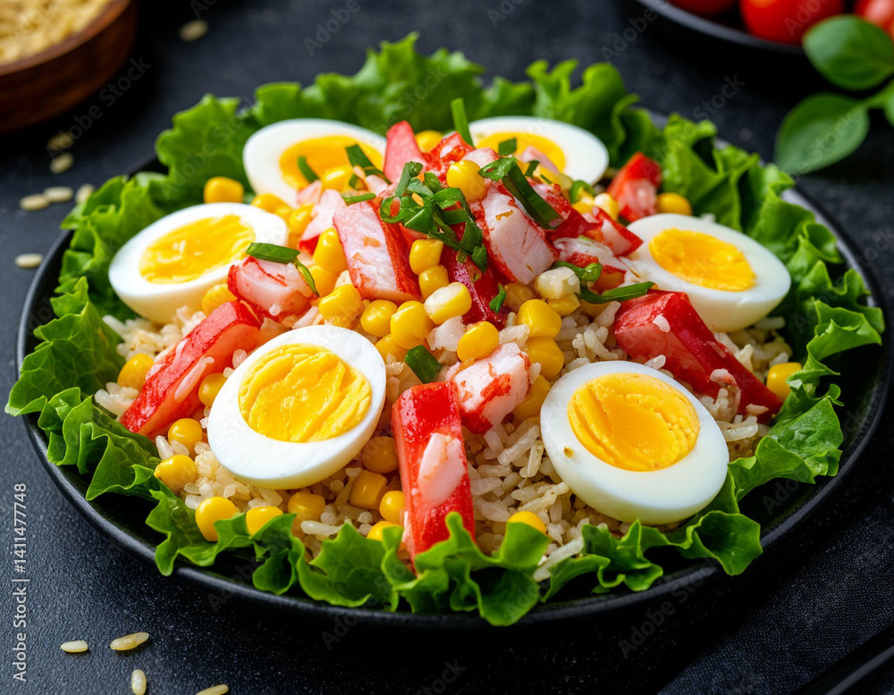 Salad with crab sticks, egg, corn and rice. AI generated. Salad with crab sticks, egg, corn and rice. AI generated.