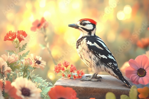 A woodpecker perched amidst vibrant spring flowers. photo