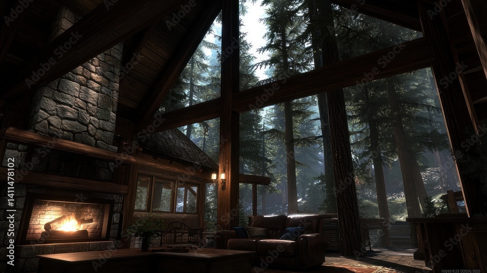 Obraz premium Cozy cabin living room with fireplace, forest view. Use Interior design inspiration