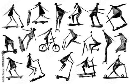 Dynamic Hand Drawn Ink Sketch Seamless Pattern of People Engaging in Skateboarding Activities