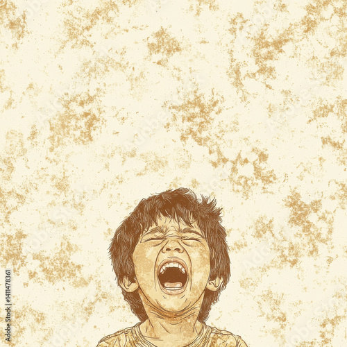 Digital Illustration of a Child Yelling Against a Textured Beige Background