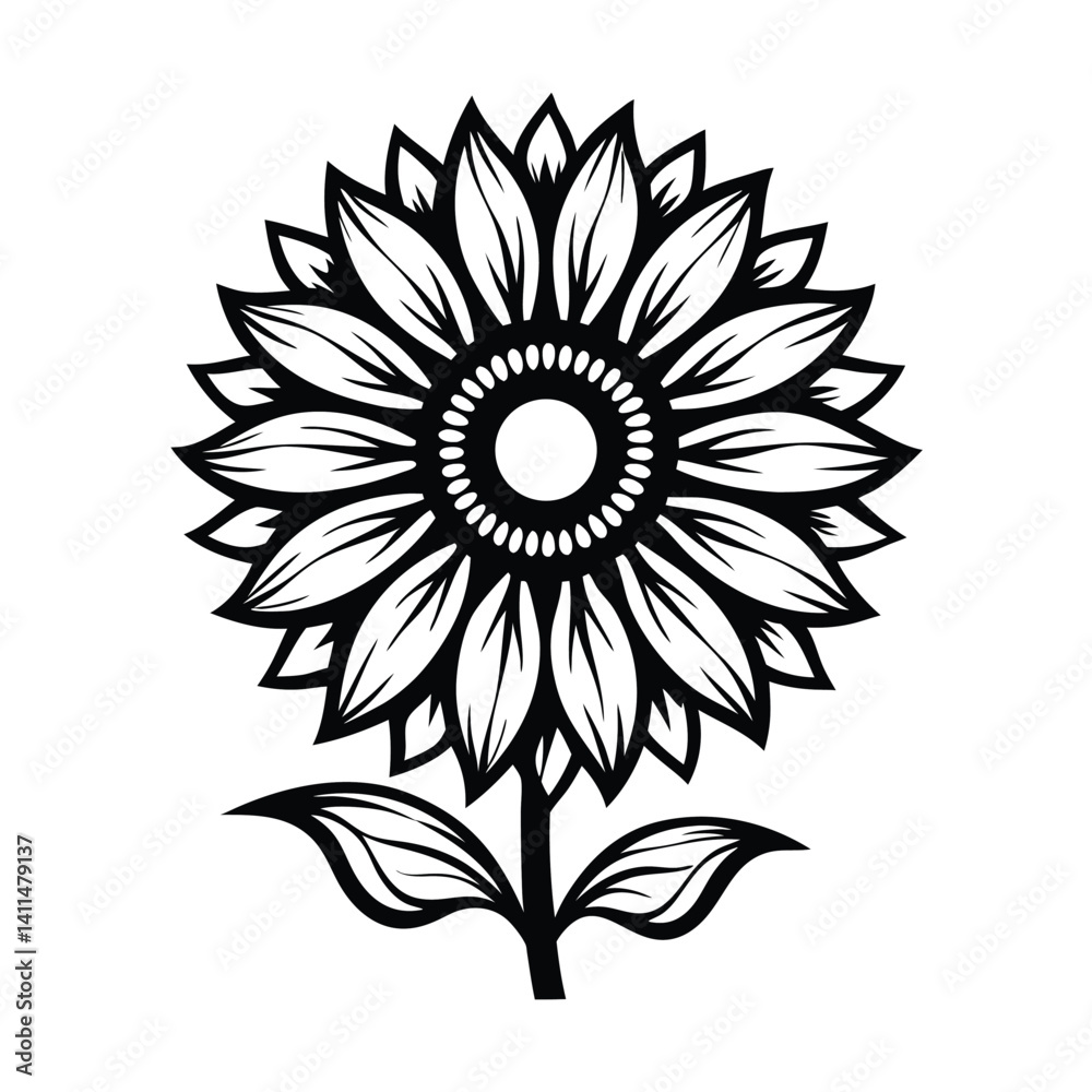 Single Sunflower Outline Icon Monochrome Blossom Design with Stem and Leaves Single Sunflower Outline Icon Monochrome Blossom Design with Stem and Leaves