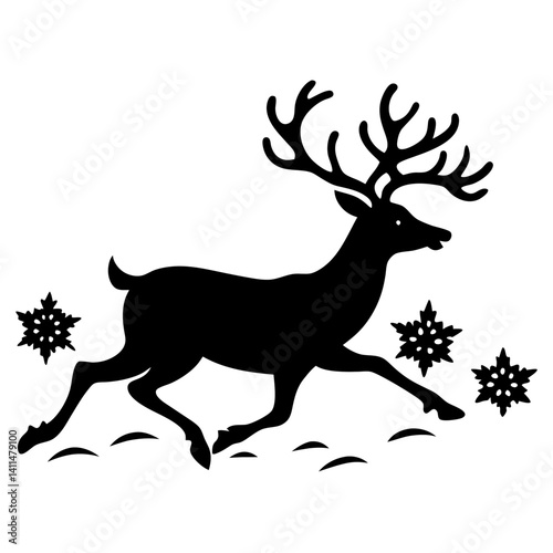 silhouette of a reindeer with antlers running through the snow in a winter scene 