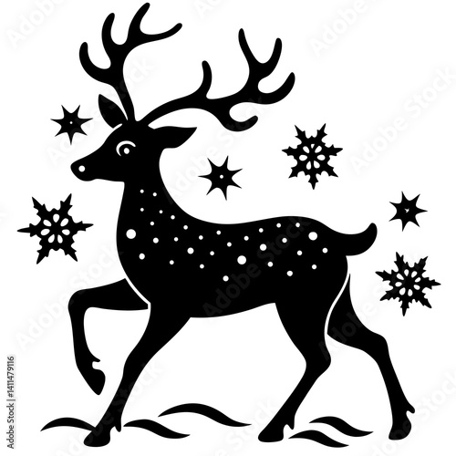 silhouette of a reindeer with antlers running through the snow in a winter scene 
