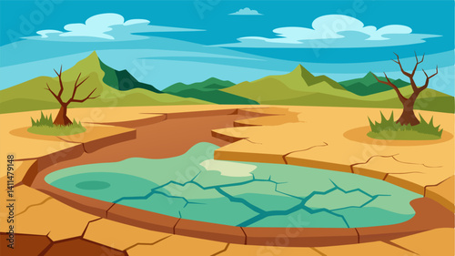 The cracked and parched earth of the pond reveals layers of desiccated mud highlighting the severity of the water scarcity on the land.. Vector illustration