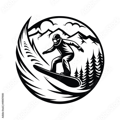 Snowboarder Black Silhouette Vector, Winter Mountain Landscape and Isolated White Background