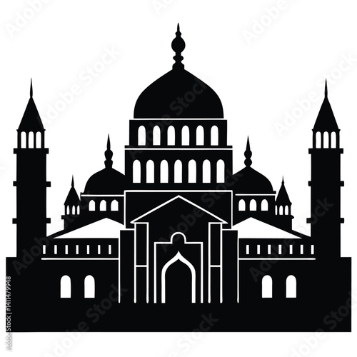 Black and White Silhouette of a Grand Mosque, Islamic Architecture Vector Illustration, Religious Building Graphic Design
