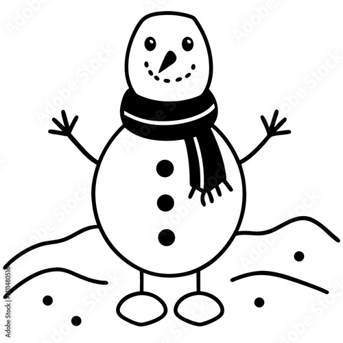 silhouette of a snowman with a carrot nose and scarf, standing in a snowy field