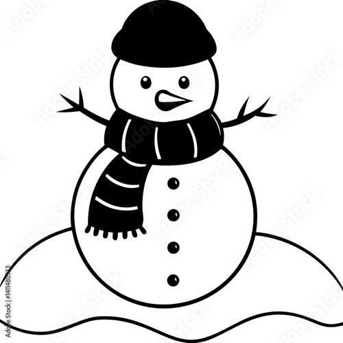 silhouette of a snowman with a carrot nose and scarf, standing in a snowy field
