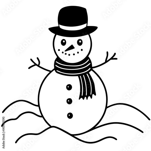 silhouette of a snowman with a carrot nose and scarf, standing in a snowy field