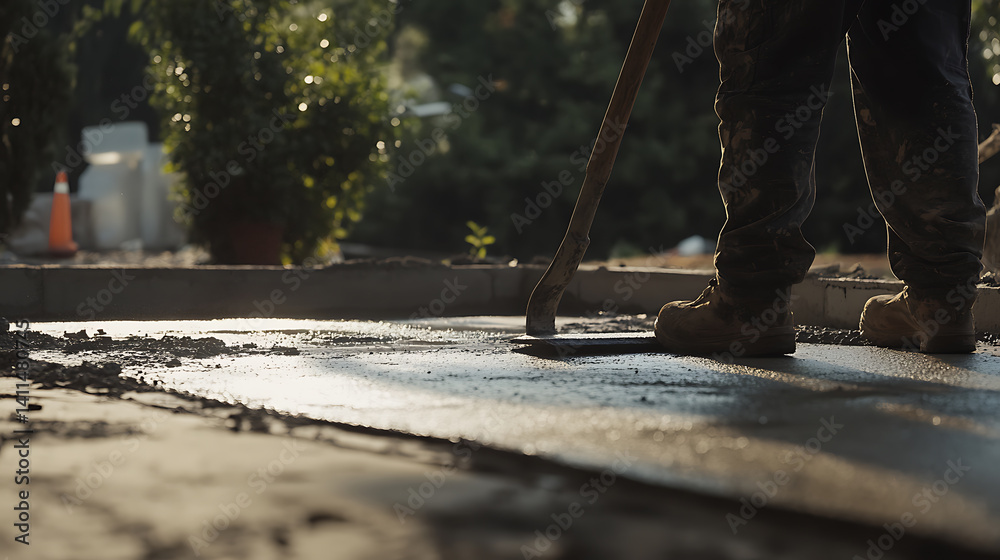 Concrete worker smoothing out a fresh layer of concrete on a driveway. Featuring concrete work and surface finishing Concrete worker smoothing out a fresh layer of concrete on a driveway. Featuring concrete work and surface finishing