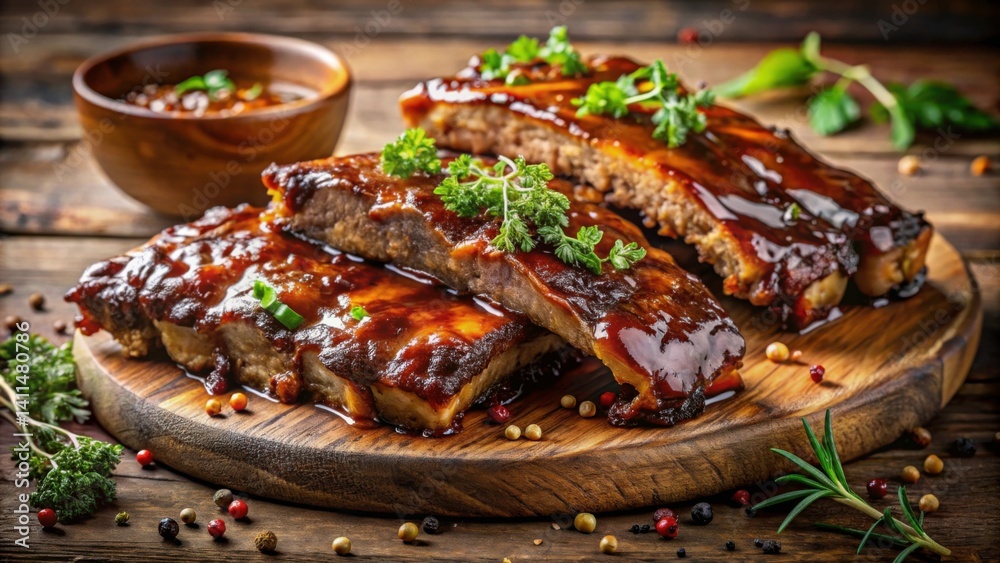 Delicious Barbecued Ribs with Rich Sauce on Rustic Wooden Table Delicious Barbecued Ribs with Rich Sauce on Rustic Wooden Table