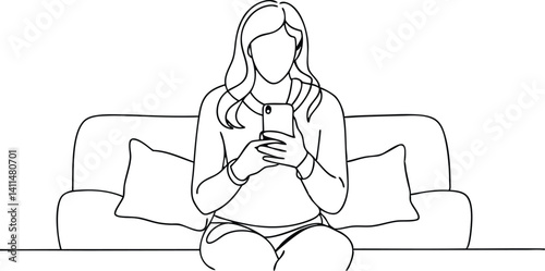 Woman sitting on a cozy sofa holding smartphone with both hands – minimal continuous line drawing for digital detox themes, mobile browsing moments, or self-care relaxation illustrations.

