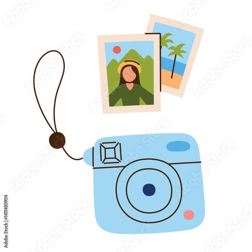 Modern instant camera icon with printed travel photos. Fun accessory doodle for capturing vacation memories. Flat cartoon vector illustration, feminine and playful mood, isolated colored clipart