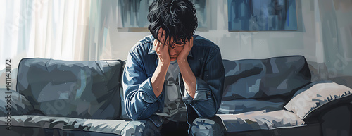 Young man sitting on the sofa with head in hands feeling depressed and sad at home, suffering from mental healthanaakinga-like