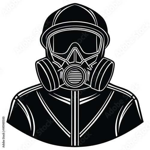 HAZMAT Suit Vector Illustration: Black and White Graphic of Protective Gear, Gas Mask, and Safety Helmet for Industrial or Emergency Use