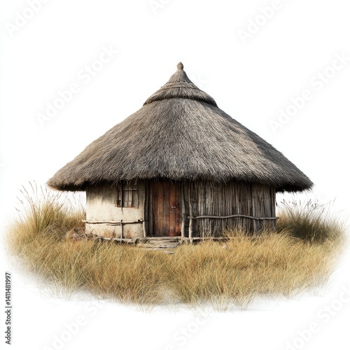 African hut with thatched roof isolated on white background photo