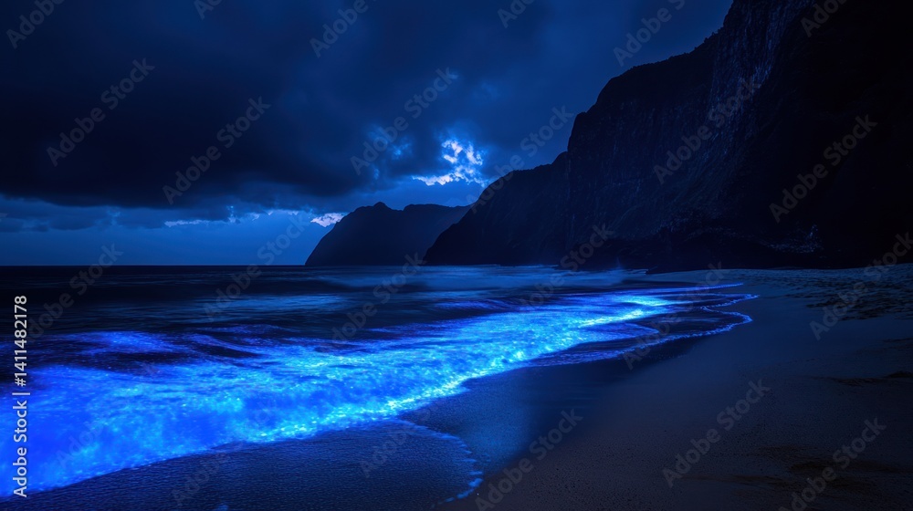 Naklejka premium Night beach bioluminescence, cliff backdrop, ocean waves