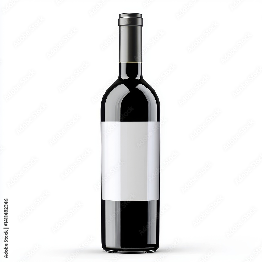 Fototapeta premium A full bottle of red wine with a blank white label displayed against a clean and minimalistic white background for elegant product showcasing photography