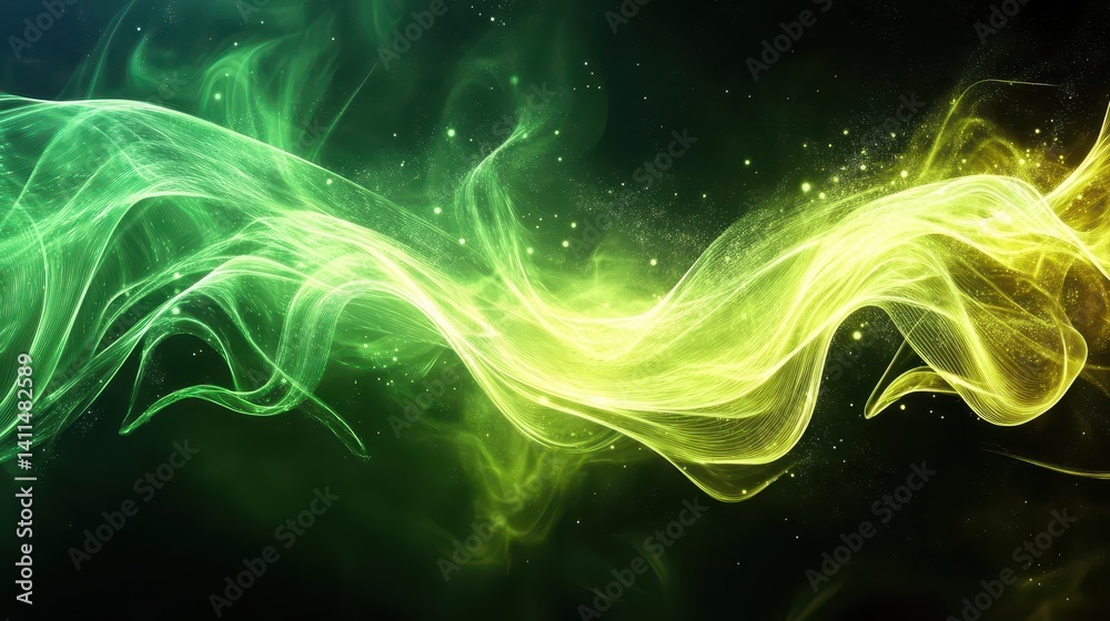 Fototapeta premium Abstract green and yellow energy waves flow on dark background with light dots. Use this modern backdrop for creative graphic design projects or wallpapers.