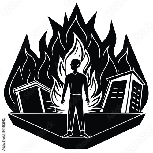 Man Standing Amidst Fire and Destruction: Black and White Vector Illustration of Burning Buildings, Disaster Concept Art