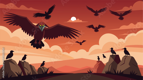 In the distance vultures circle overhead waiting to feed on the next victim of famine.. Vector illustration