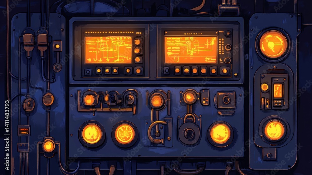 Obraz premium Futuristic control panel glows in dark spaceship