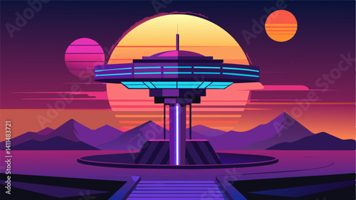 As the sun sets the hub lights up with a neon glow adding to the futuristic vibe and enhancing the overall experience for travelers.. Vector illustration
