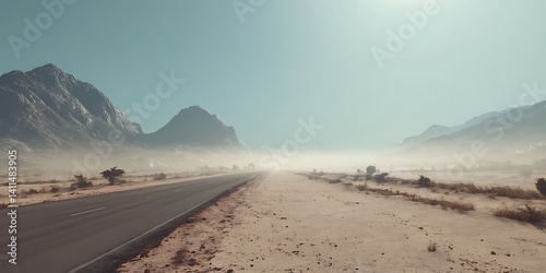 Heat Haze Over a Desert Road in Summer Wallpaper Background for Travel Branding, Road Trip Promotion, or Summer Adventure Designs photo