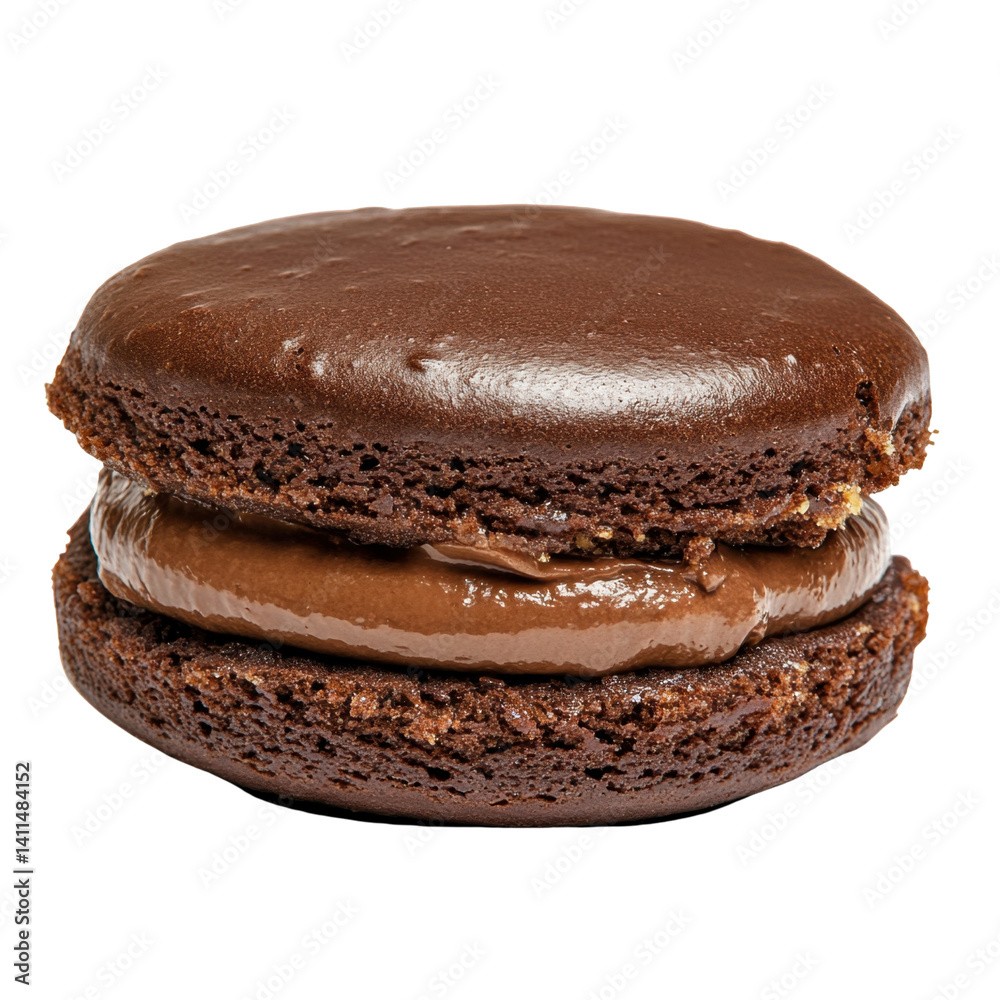 Delicious Chocolate Macaron with Creamy Filling on White Background Delicious Chocolate Macaron with Creamy Filling on White Background