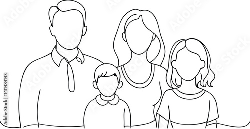 Minimalist one line family portrait featuring two parents and two children – perfect for custom family art, family wall decor, Mother's Day or Father's Day designs, and modern home illustration projec
