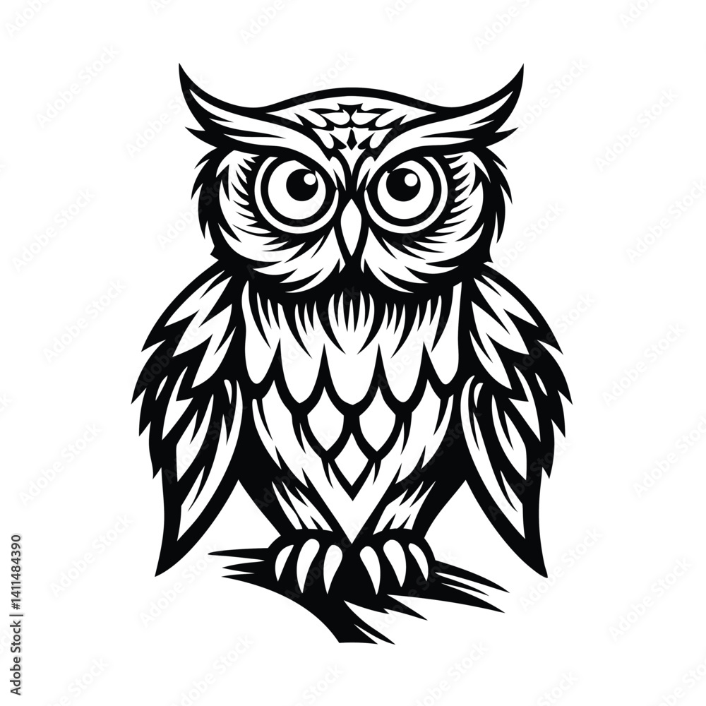 Stylized Owl Silhouette on Branch, Striking Black and White Design, Simple Style Stylized Owl Silhouette on Branch, Striking Black and White Design, Simple Style