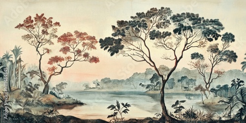 Wallpaper serene tropical landscape painting in pastel tones