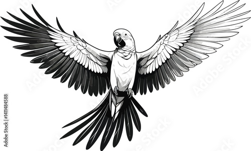 Majestic Flying Parrot Illustration: High-Contrast Macaw Line Art in Black & White