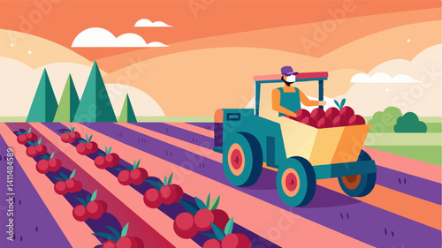 Sitting atop a tractor a farmer oversees his fields as robotic machines move through the rows collecting ripe berries and depositing them into crates.. Vector illustration