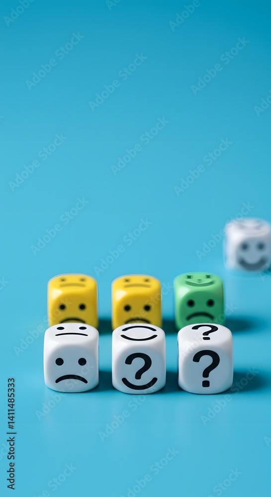 Pushing through exhaustion and challenges to achieve success. Colorful dice with emotions, Meets all conditions and criteria. Working hard to complete the work. check marks on white cubes