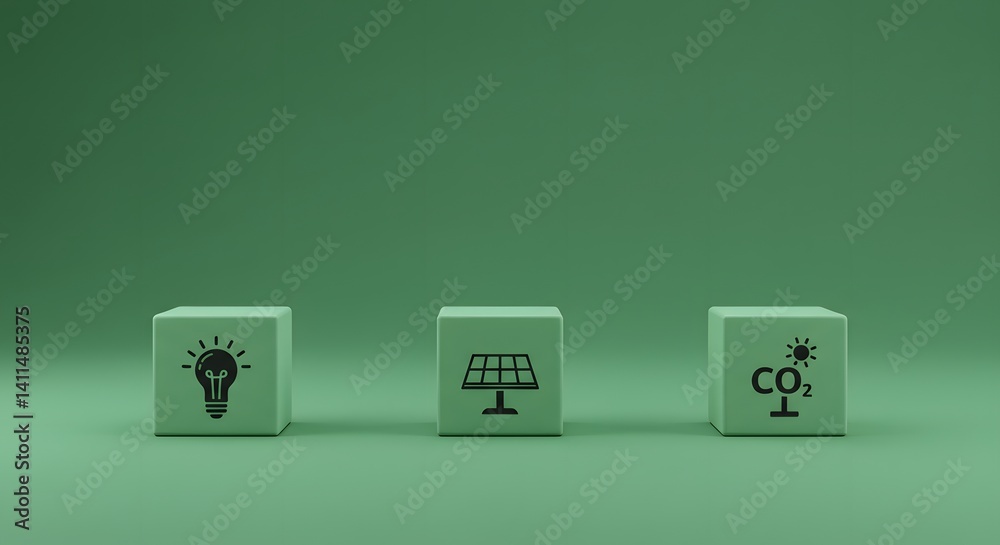 waste reduction, Business innovations that reduce carbon footprint and environmental impact. Meet eco-friendly goals. carbon-neutral production, Sustainable energy, Green background, three small cubes
