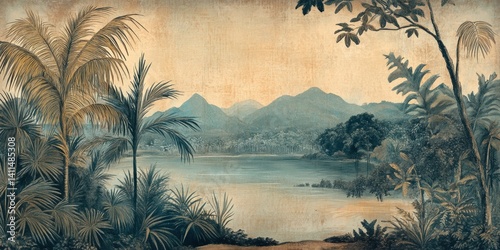 Wallpaper Mural Wallpaper serene tropical landscape painting in pastel tones Torontodigital.ca