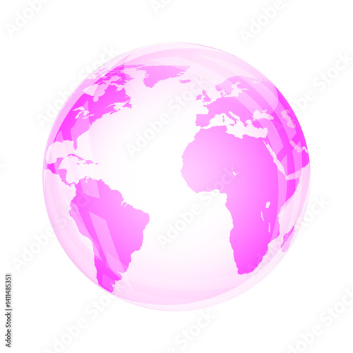 Pink transparent glass earth globe on a white