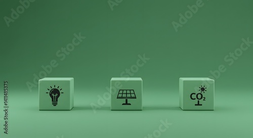 Obraz na płótnie waste reduction, Business innovations that reduce carbon footprint and environmental impact. Meet eco-friendly goals. carbon-neutral production, Sustainable energy, Green background, three small cubes w salonie