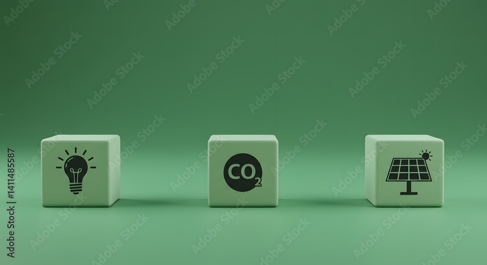 waste reduction, Business innovations that reduce carbon footprint and environmental impact. Meet eco-friendly goals. carbon-neutral production, Sustainable energy, Green background, three small cubes