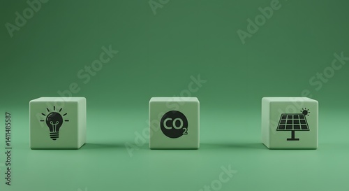 Obraz na płótnie waste reduction, Business innovations that reduce carbon footprint and environmental impact. Meet eco-friendly goals. carbon-neutral production, Sustainable energy, Green background, three small cubes w salonie