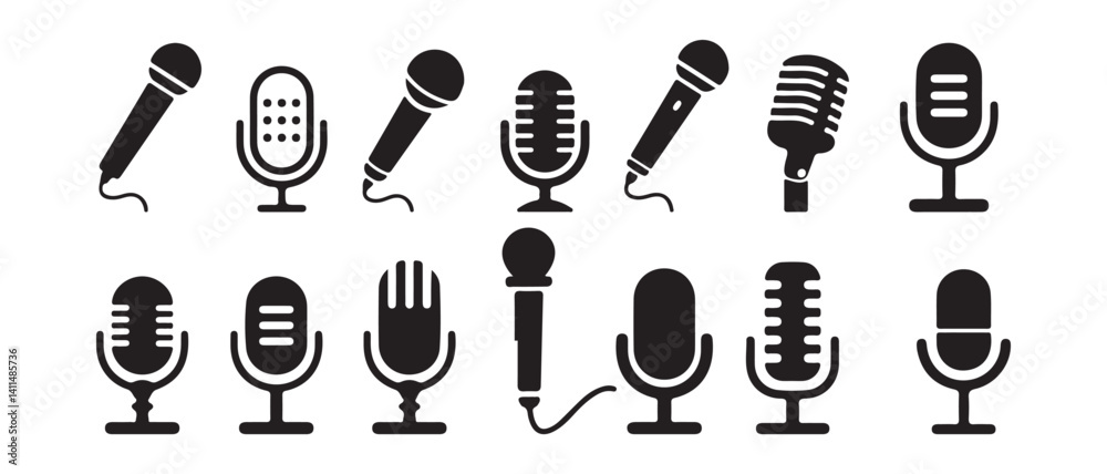 Microphone icon set. Different microphone collection.  podcast icon vector. Voice vector icon, Record. Microphone - recording Studio Symbol. Vector Illustration