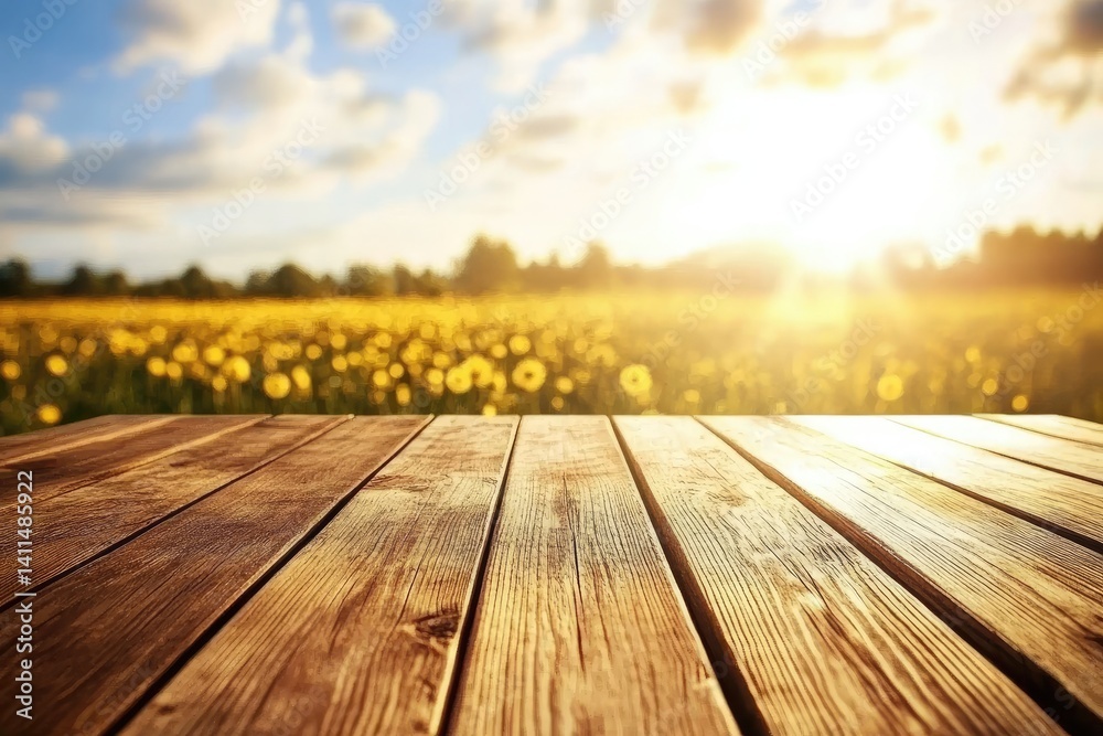 Wooden table in sunflower field at sunset Wooden table in sunflower field at sunset