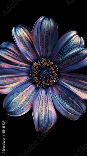 A vibrant flower features shimmering, multicolored petals radiating from a dark center, highlighting unique textures and patterns