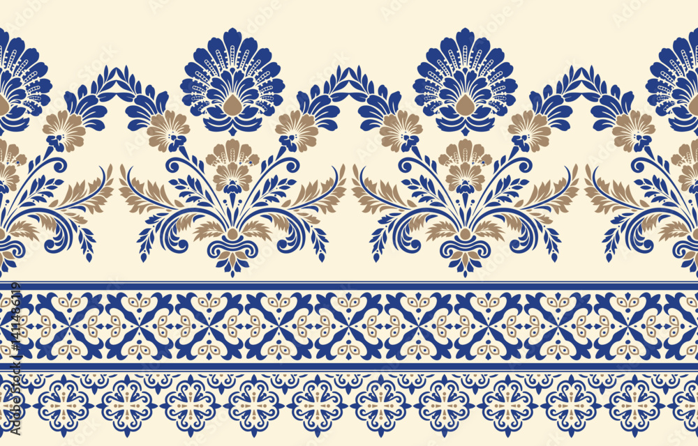 floral pattern vintage ethnic modern embroidery texture boho design vector illustration hand drawn pink flower motif branches leaves wallpaper seamless background border.