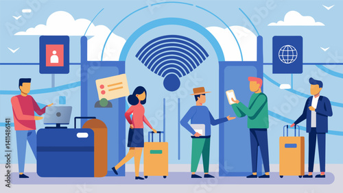 A transportation hub using fingerprint scans to confirm the identity of passengers before boarding international flights.. Vector illustration